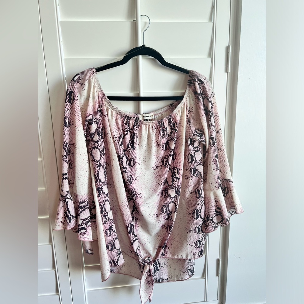 Adora - Women’s Snake Print Off the Shoulder Blouse with front Tie. Size L